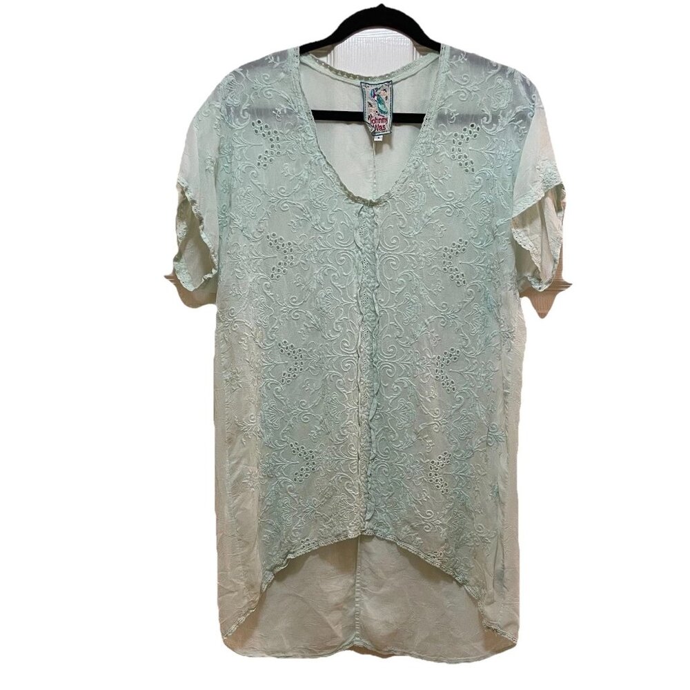 JOHNNY WAS Light Mint Green Embroidered Eyelet Cupra High Low Hem Shirt Sz S